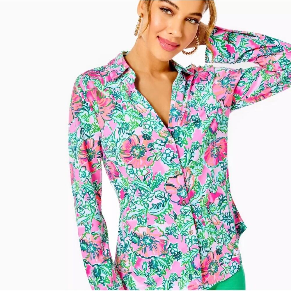 Lilly Pulitzer UPF 50+ Marlena Button Down Top in Soleil Pink Perfect Poppy
